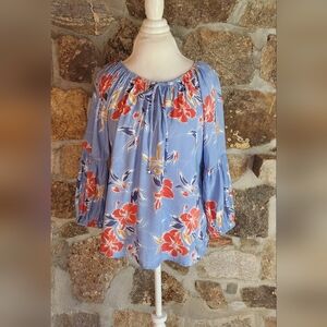 NY Collection Top Womens Size L Blue Floral Print Off Shoulder Long Sleeve NWT